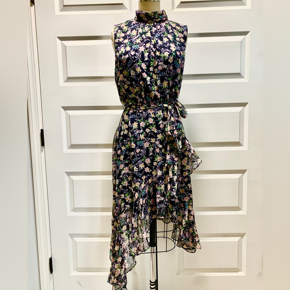 Brand new with tags printer crinkle chiffon asymmetric dress with a mock neck